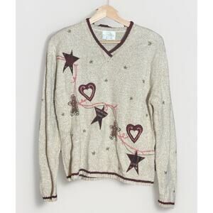Christopher & Banks Holiday Sweater L Embroidered Gingerbread Stars Ramie Y2K